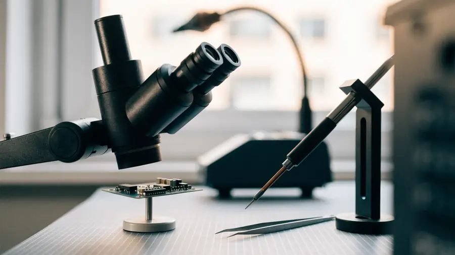 Stereomicroscoop, soldeerbout en pincet boven een printplaat op de werkbank